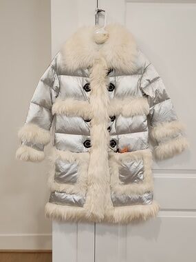 NWT Silver Metallic Puffer Coat with Cream Real Wool Fur Trim